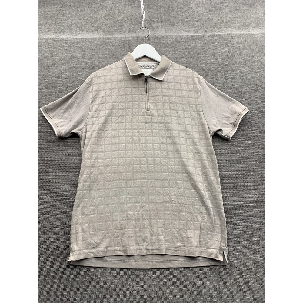 Denim & Flower Ricky Singh Polo Shirt Mens Medium Gray Grid 1/4 Zip Short Sleeve